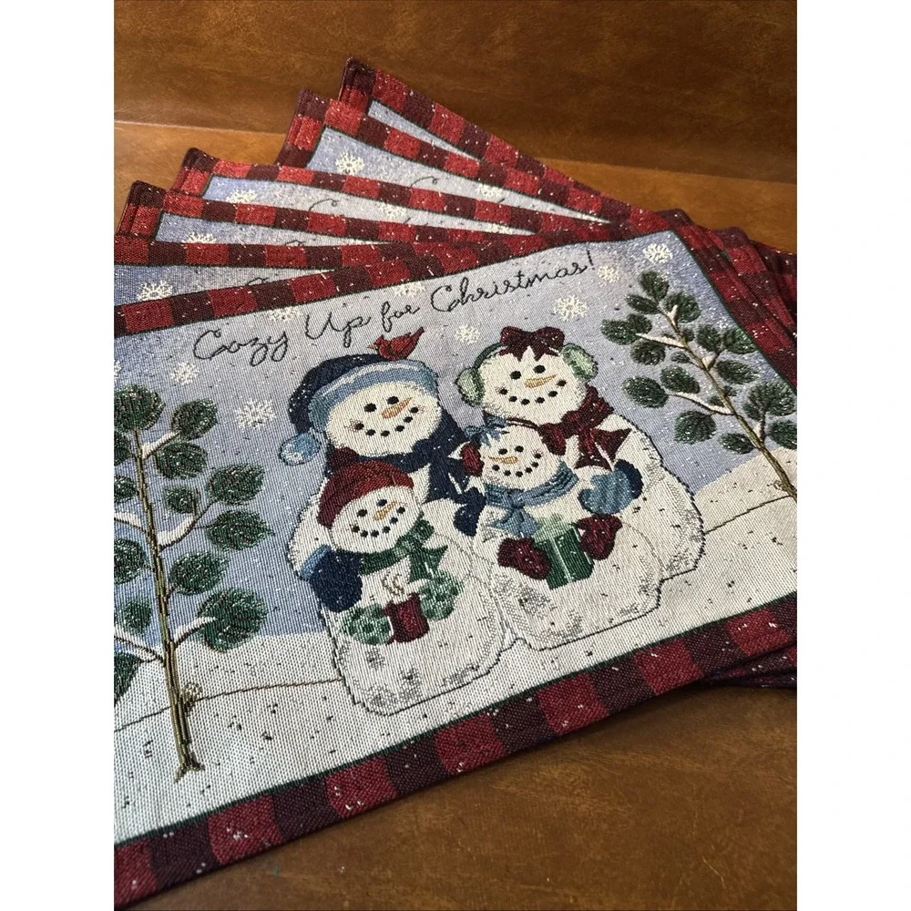 Christmas Winter Wonderland Tapestry Placemats Set of 6 Snowman Family& Cardinal